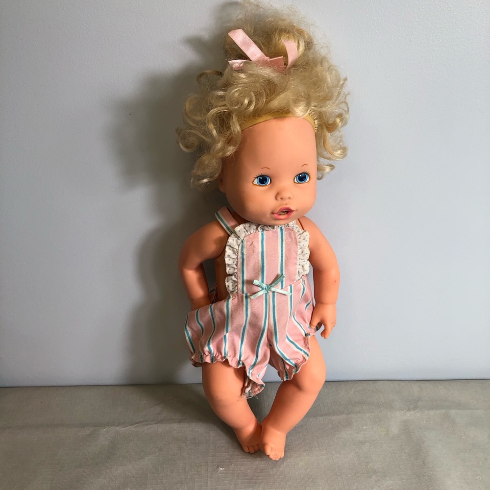 1990 Kenner Baby Alive doll wearing original pink striped romper Tested Works